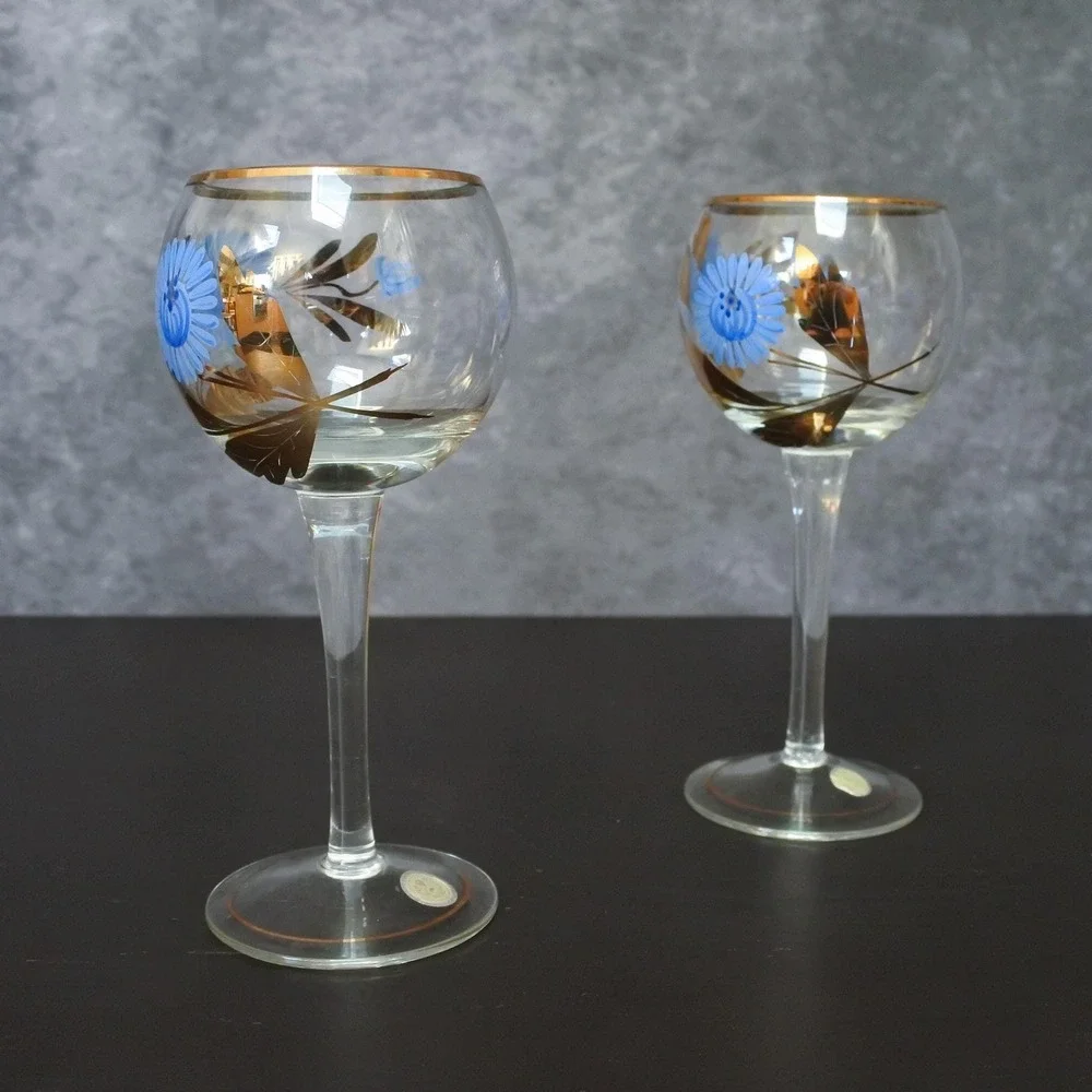 Vintage Romanian Hand Painted Blue Floral Gold Leaf Cordial Glasses Pair
